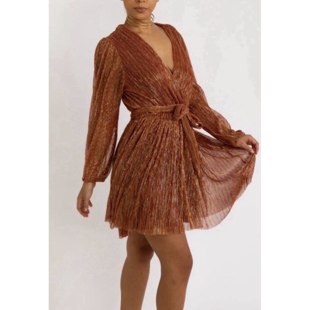 NWT Baltic Born Metallic Shimmer Pleated Belted Mini Dress Sz S